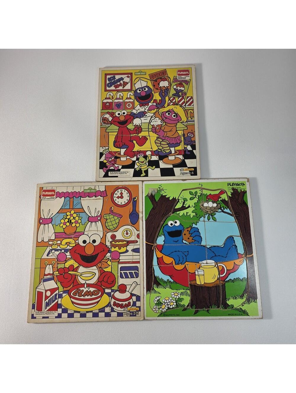 3 Vintage Playskool Sesame Street Muppets Wooden Puzzles Cookie Monster Elmo